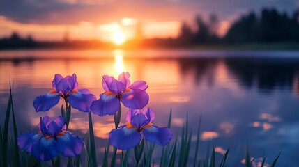  tranquil city lake with purple irises  © BANDERSOUL