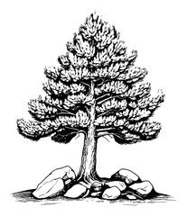 Detailed Black and White Engraving of a Tree Surrounded by Rocks
