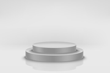 Bright interior with grey podium. 3d vector illustration with copy space