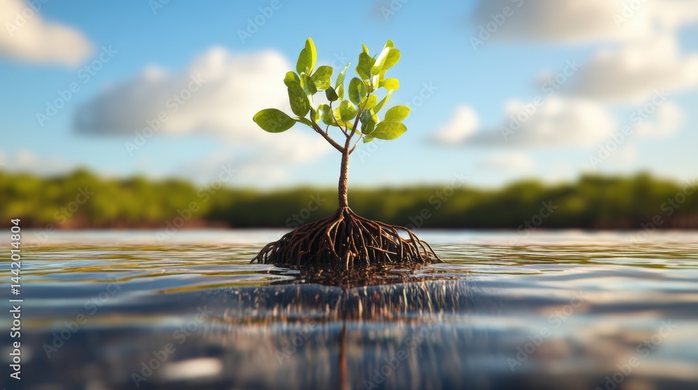 Poster a small green tree growing with roots distributed in water in a natural environment with a blue sky 
