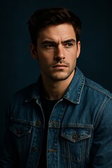 Obraz premium A close-up shot of a confident young man in a denim jacket, with a sharp gaze directed slightly off to the side.