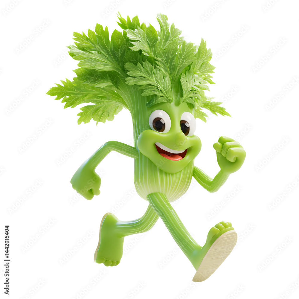 Poster running celery cartoon character with a smile