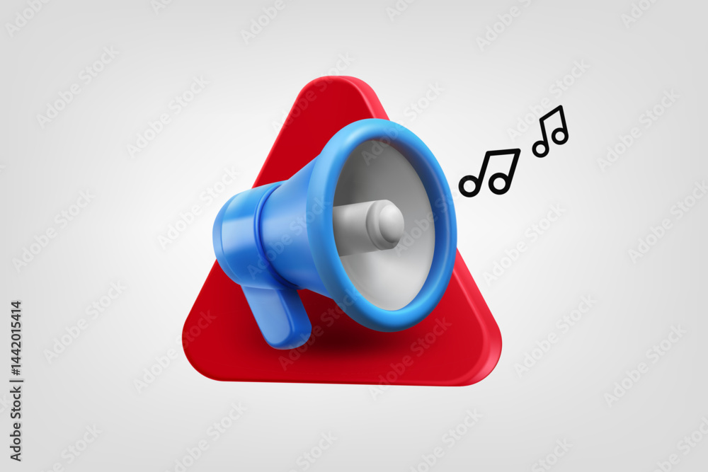 Poster Megaphone with notes on red triangle. Vector 3d application icon