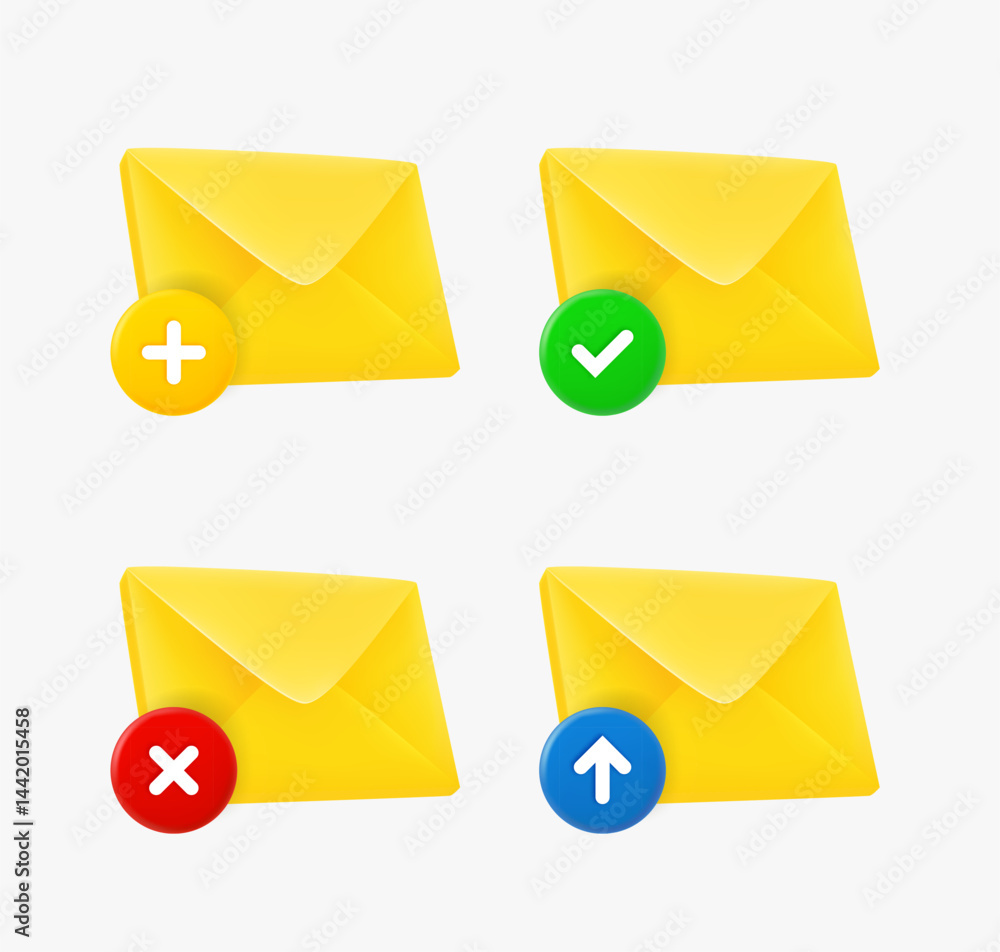 Aufkleber envelope icon set with different pictograms. 3d vector icons collection
