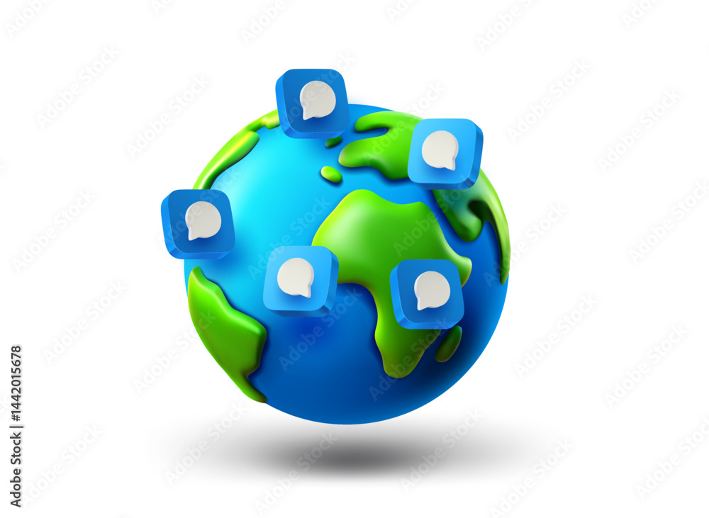 Poster the earth with speech bubbles isolated on white background. 3d vector illustration