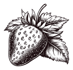 Detailed Engraving of a Strawberry with Leaves and Texture
