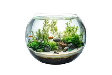 Serene underwater world in a round glass bowl vibrant aquatic plants and small fish clear water