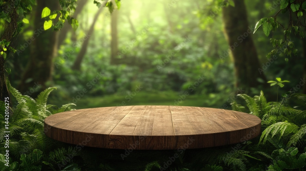 Poster serene forest scene with a round wooden platform surrounded by lush green foliage and tall trees ill