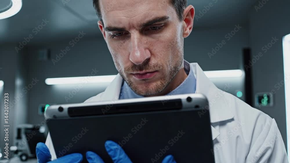 Poster scientist analyzes data on tablet in laboratory setting during evening hours
