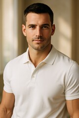 Fototapeta premium A close-up shot of a man with short, dark hair, dressed in a stylish white polo shirt.