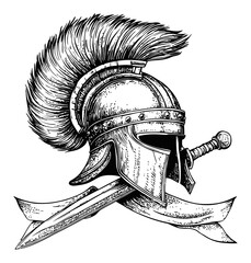 Classic Engraving of a Roman Helmet with Sword and Banner Design