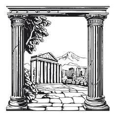 Classical Architecture Engraving with Columns and Mountain View