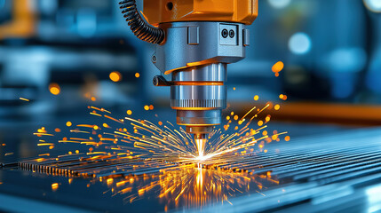 Laser cutting machine working on metal sheet in industrial setting