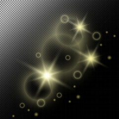 Light effect. White sparks and star glittering, flare sparkle. Gold luminous points. Vector particles on transparent background Gold glittering dots, particles, stars magic sparks. 