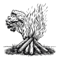 Detailed Engraving of a Bonfire Surrounded by Trees and Grass