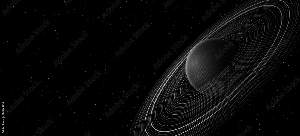 Poster abstract planet saturn with ring around and shining starry sky. scientific presentation backdrop for