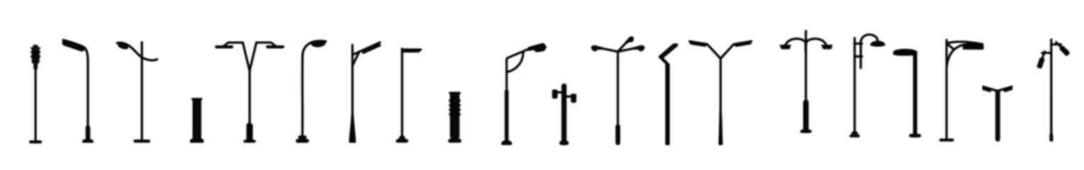 Outdoor urban light. Street lamp pole, town streets electric lightning and park lampposts. Modern and vintage streetlights isolated illustration set.