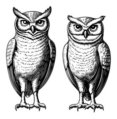 Detailed Engraving Illustration of Two Distinct Owls in Black and White