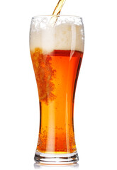 A glass of beer with a golden hue and frothy head, isolated on a clean white background