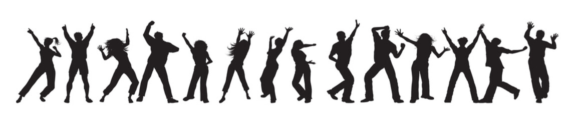 Silhouette happy young group party people together dancing, cheering crowd dance to the music at musical concert – stock vector
