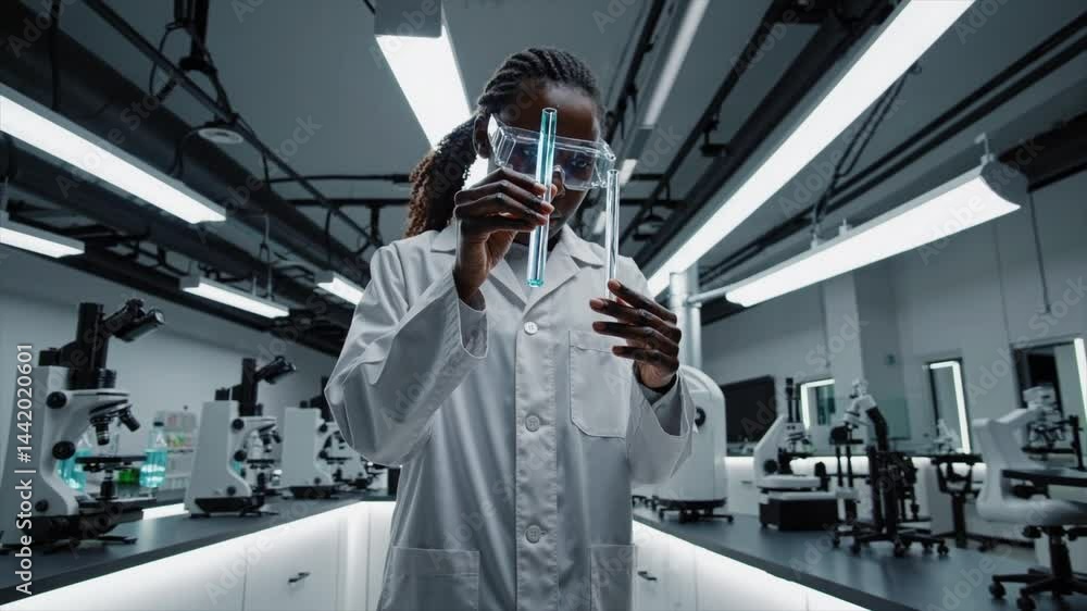 Poster lab technician conducts experiments with test tubes in modern science laboratory