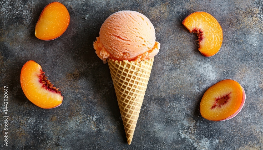 Poster refreshing peach ice cream in waffle cone with fresh peach slices on a textured background