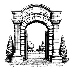 Fototapeta premium Elegant Architectural Arch with Trees and Open Gates Illustration