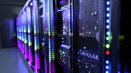 Naklejka premium A row of illuminated server racks with colorful LED lights in a modern data center.