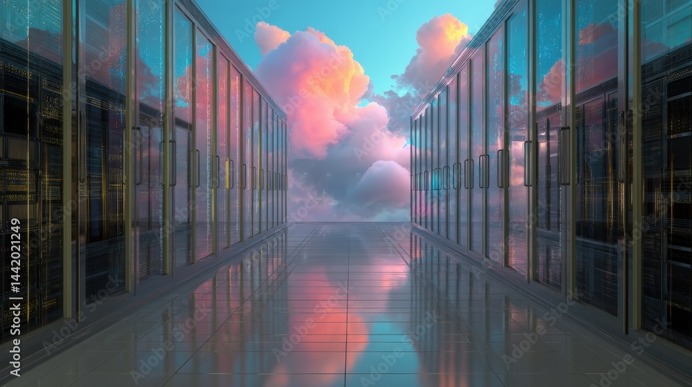 Poster modern data center corridor with glass servers reflecting colorful clouds and sky, symbolizing cloud
