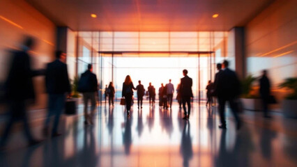 Blurred people in motion in modern lobby. 