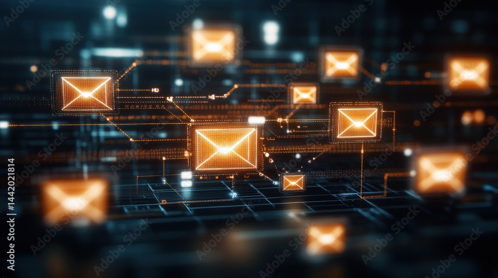 Poster abstract digital communication network with glowing email icons connected by bright lines in a futur
