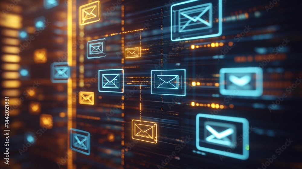 Poster digital communication concept with email icons and data flow visuals depicting modern technology and