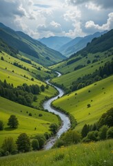 Fototapeta premium A tranquil green valley with a winding river through vibrant meadows and tree-lined banks under a dramatic cloudscape Generative AI