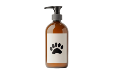 Pet shampoo bottle with paw print label.