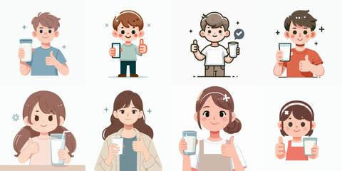 vector collection of a child drinking a glass of milk and giving a thumbs up