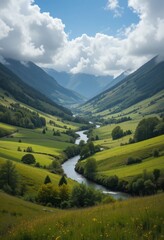 Fototapeta premium A tranquil green valley with a winding river through vibrant meadows and tree-lined banks under a dramatic cloudscape Generative AI