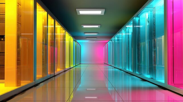 A colorful, modern data center hallway with illuminated server racks in yellow, blue, and pink tones. - Powered by Adobe