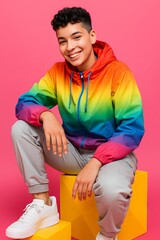A young person dressed in a vibrant, colorful jacket with a rainbow gradient design, paired with light grey cargo pants and stylish white sneakers.
