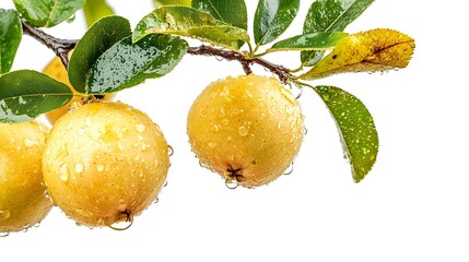 Fresh Yellow Fruits with Water Droplets on Tree Branch