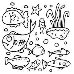 fish and animals in sea ocean line doodle style bundle