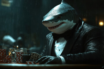 Shark in a suit at poker table.
