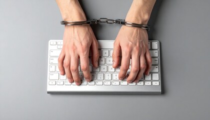 Handcuffs on Hands Typing on Keyboard. World press freedom day