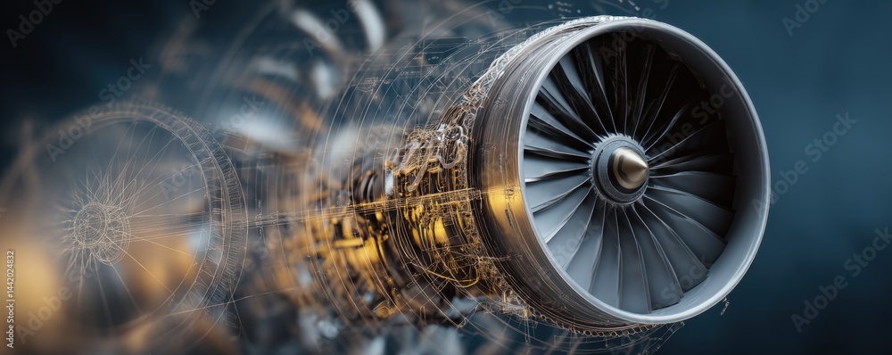 Poster a detailed jet engine with visible mechanical and digital design elements showcasing advanced techno