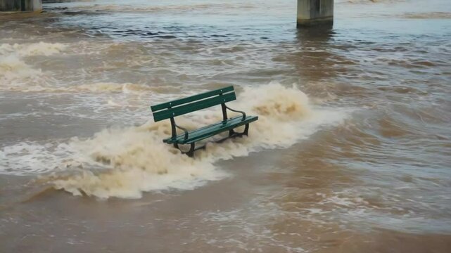 Flooded park bench surrounded by rising river water during severe flooding event