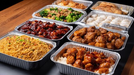 A variety of delicious Chinese dishes are served in aluminum trays, perfect for a buffet or festive gathering.

