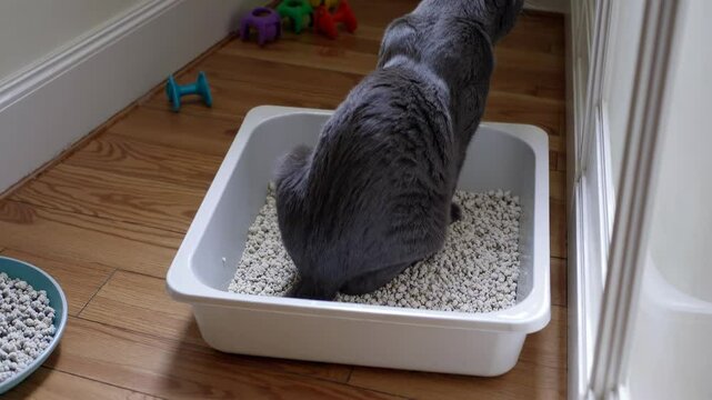 Gray domestic cat defecating in clean white litter box, sitting on wooden floor, demonstrating natural pet bathroom behavior and hygiene routine