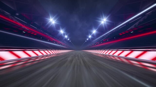 Very Fast Driving on a Race Track on a Neon Lit Racing Circuit. Professional 4K Video Loop for racing sports advertising.