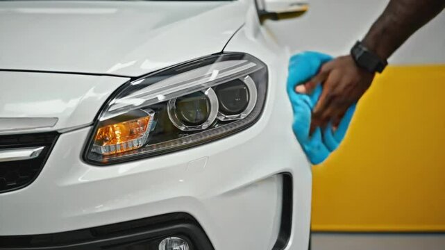 Hand holding a towel cleaning a car