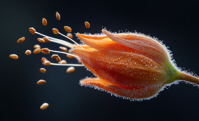 Flower pollen release close-up. A vibrant flower blooms, releasing golden pollen and showcasing intricate details in the morning light.