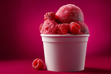 A refreshing raspberry sorbet is served in a white cup, garnished with fresh raspberries against a deep pink background.